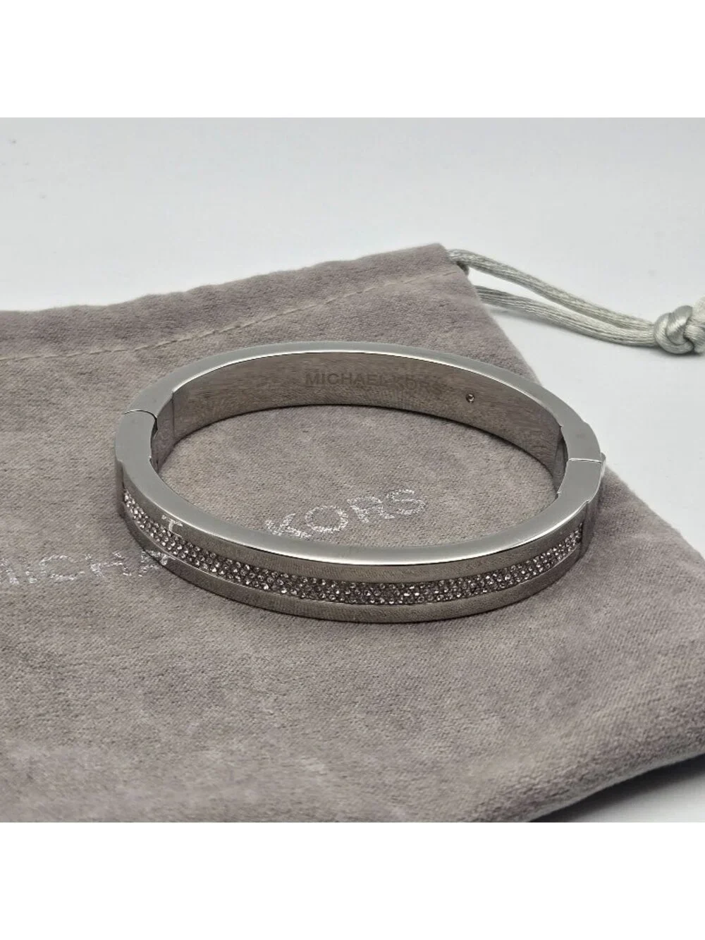 Michael Kors Silver-Tone Crystal Pave Hinged Bangle Bracelet Dust Bag